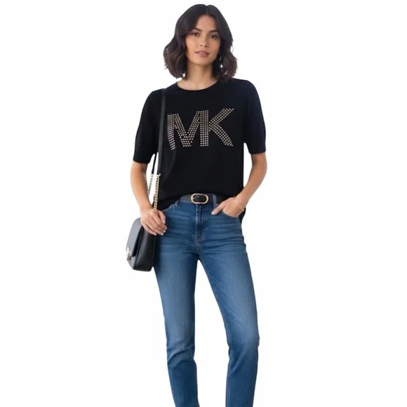 Michael Kors Women Black Short Sleeve sweater top Studded Logo Zs Medium - Picture 1 of 9